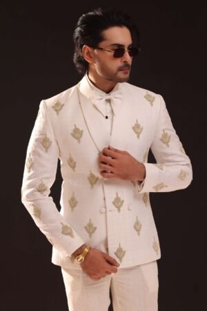 Off White Embroidered Coat With Matching Pants
