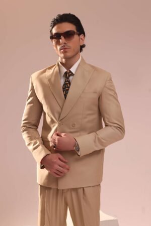 Desert Beige Double Breasted Suit With a Wide Peak Lapel