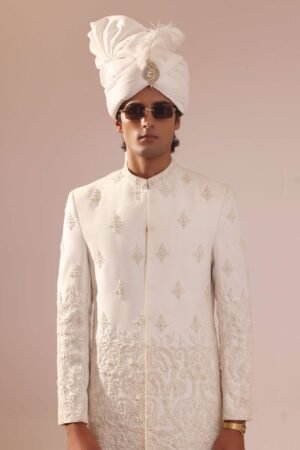 Pearl White Sherwani Featuring Intricate Embroidery