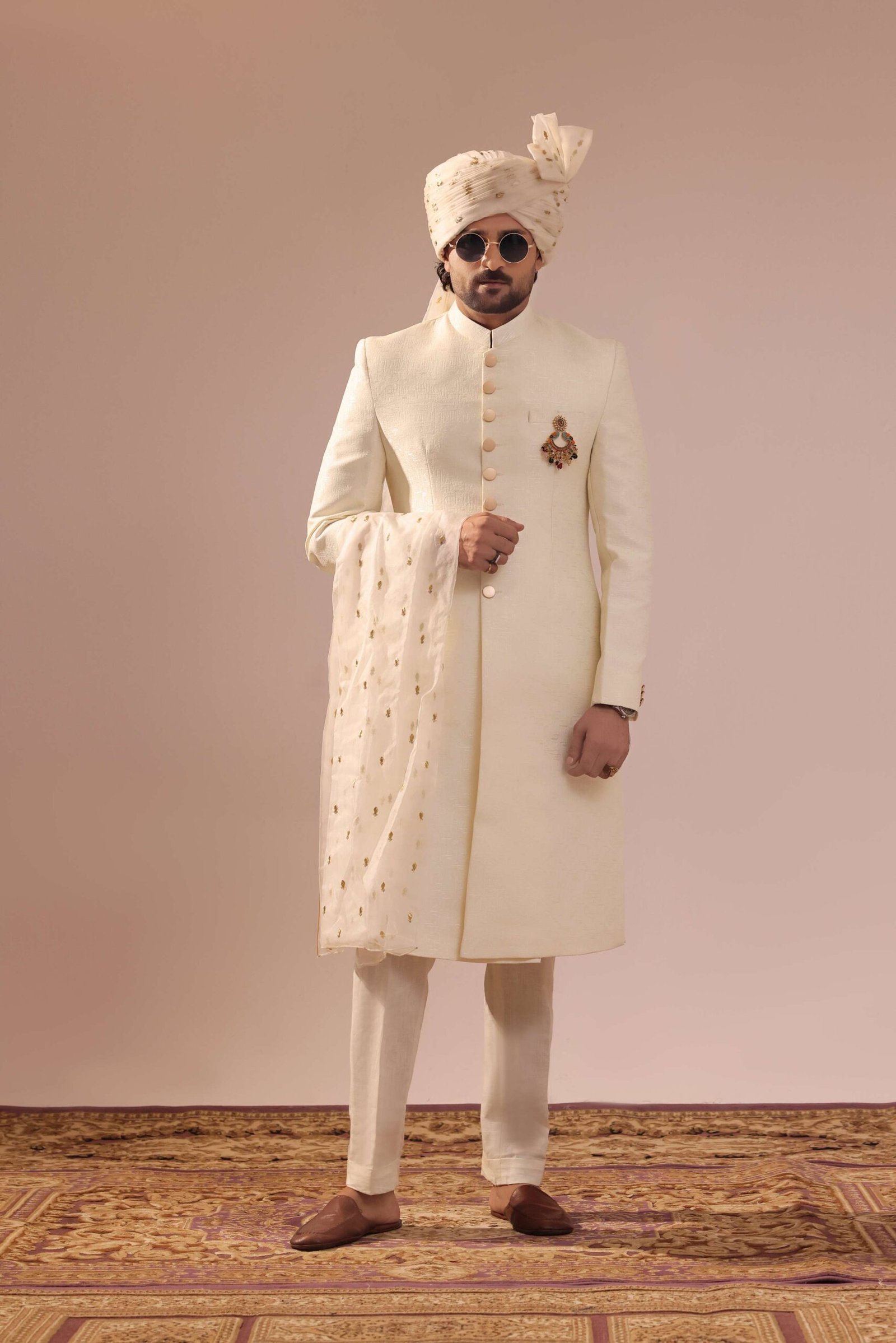 Cream Sherwani With a Jacquard Textured Fabric - Image 5