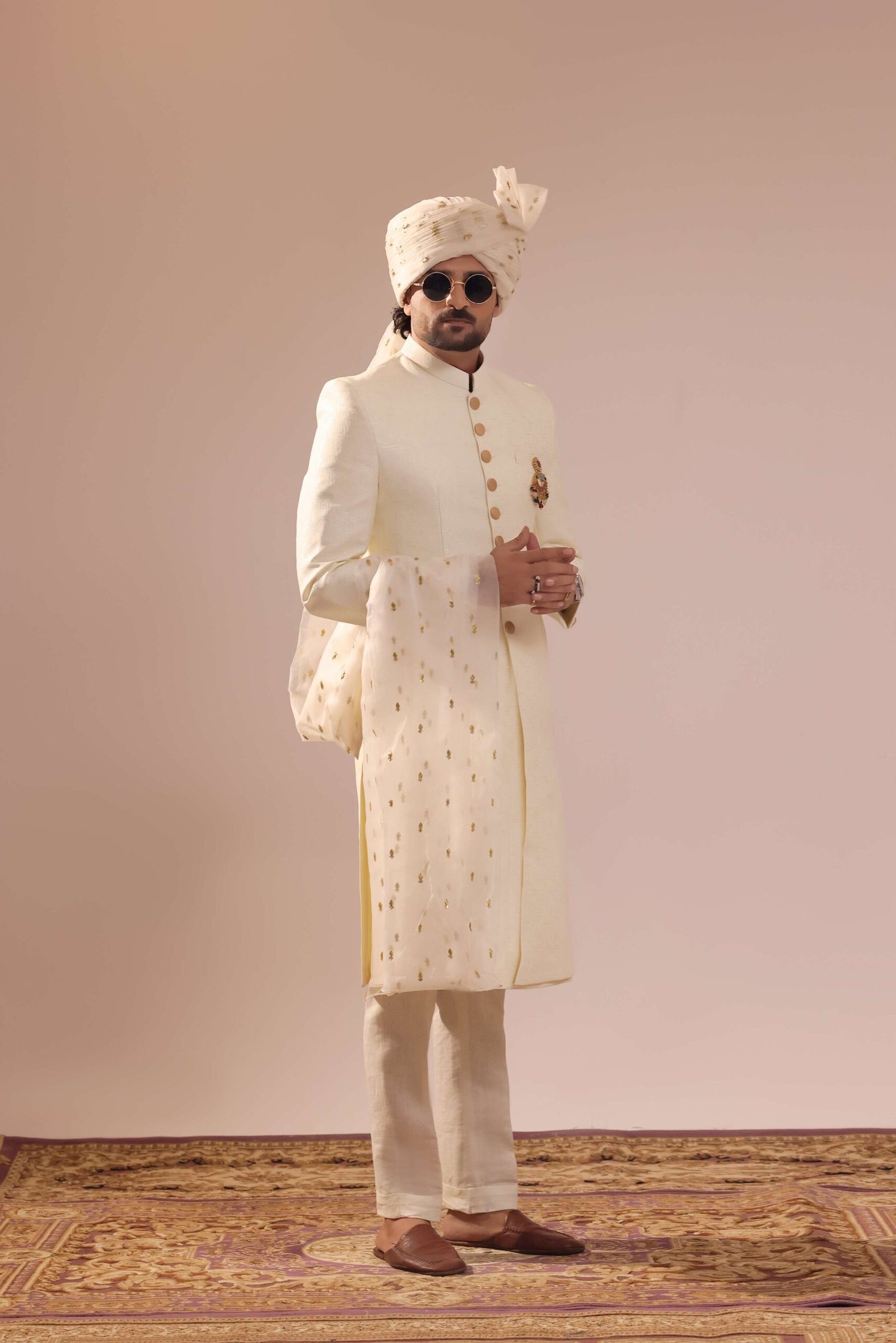 Cream Sherwani With a Jacquard Textured Fabric - Image 4