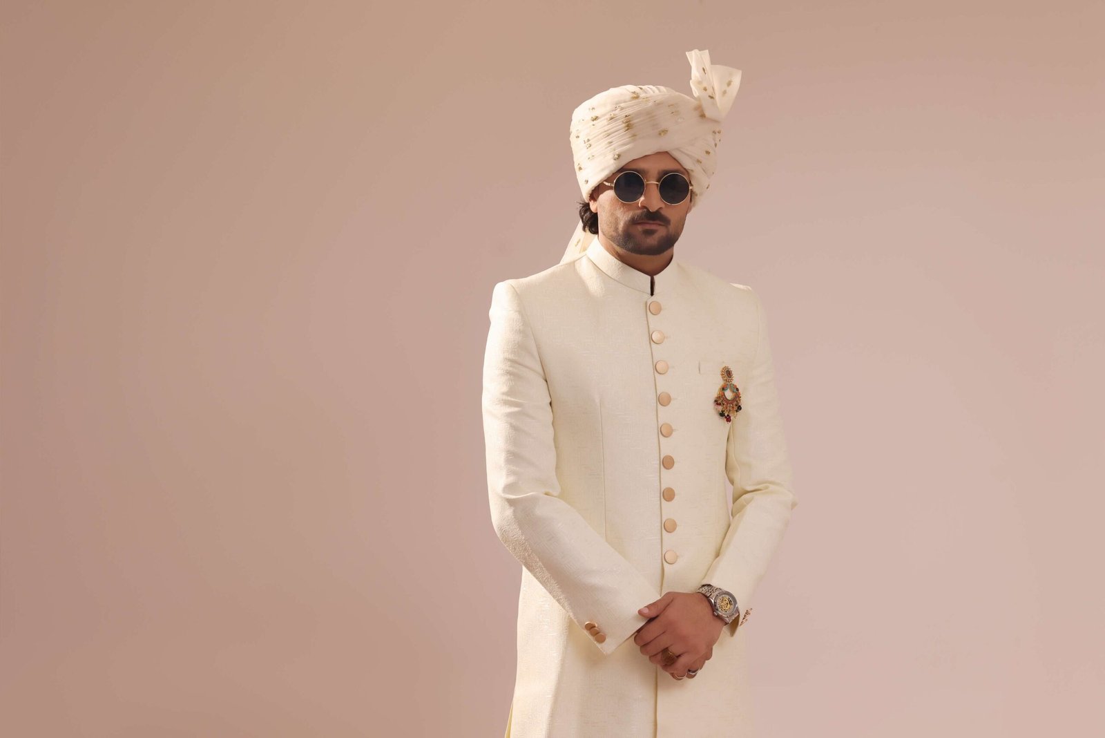 Cream Sherwani With a Jacquard Textured Fabric - Image 3