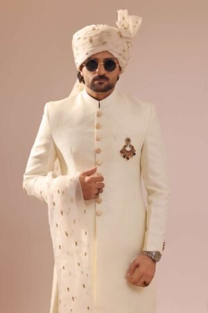 Cream Sherwani With a Jacquard Textured Fabric