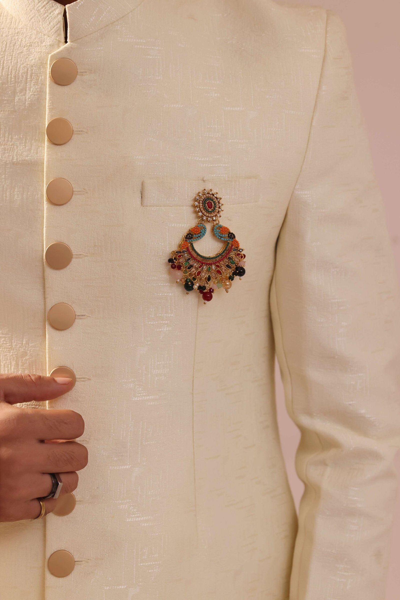 Cream Sherwani With a Jacquard Textured Fabric - Image 2