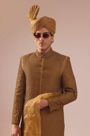 Coffee Gold Sherwani With All Over Embroidery