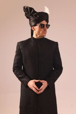 Majestic Black Sherwani Fully Covered With Vertical Lines Heavy Embroidery