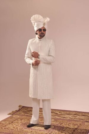Ivory White Sherwani Featuring All Over Vertical Lines Hand Embroidery