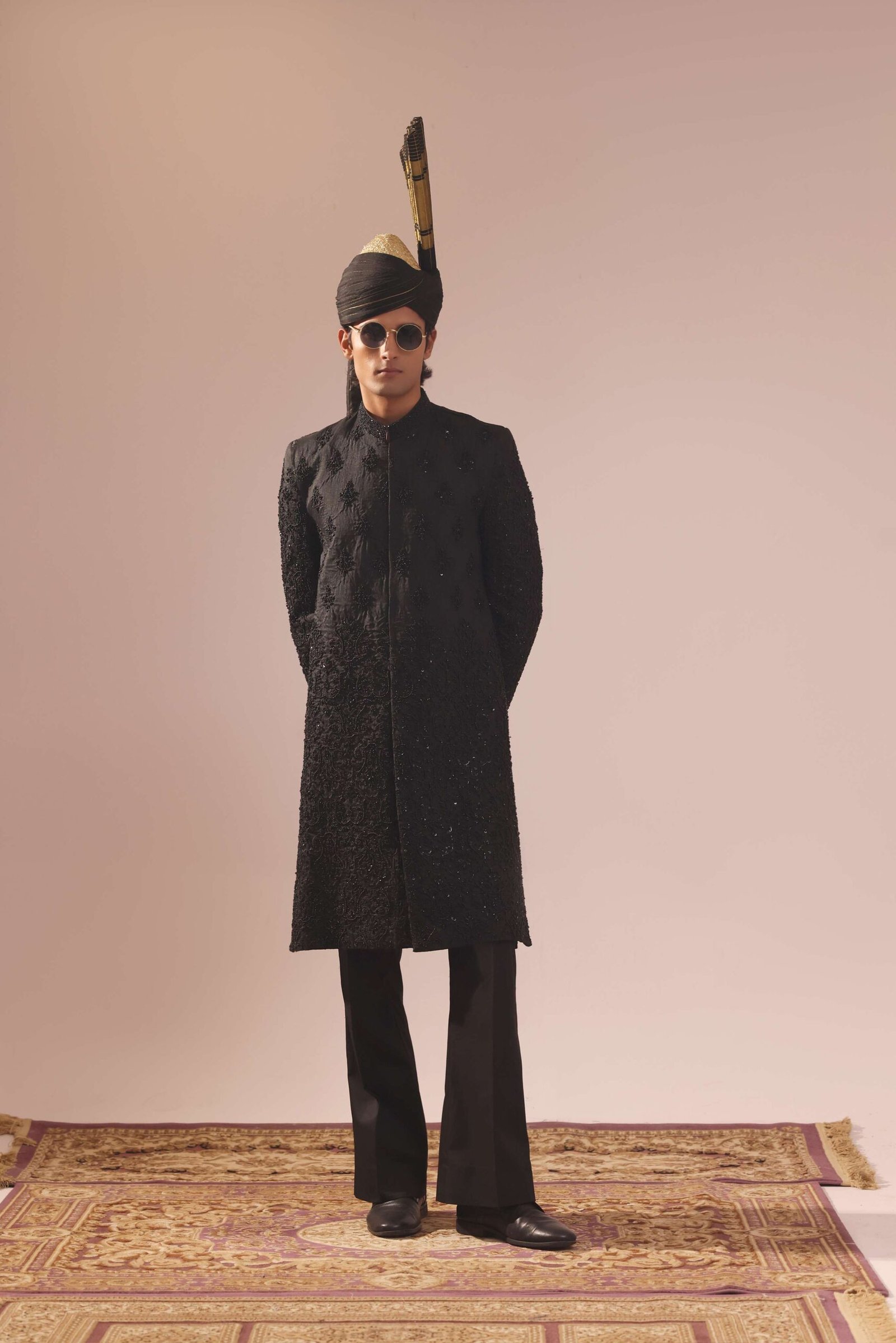 Black Sherwani With Motif Bunch Work On The Chest & Heavy Embroidery - Image 6