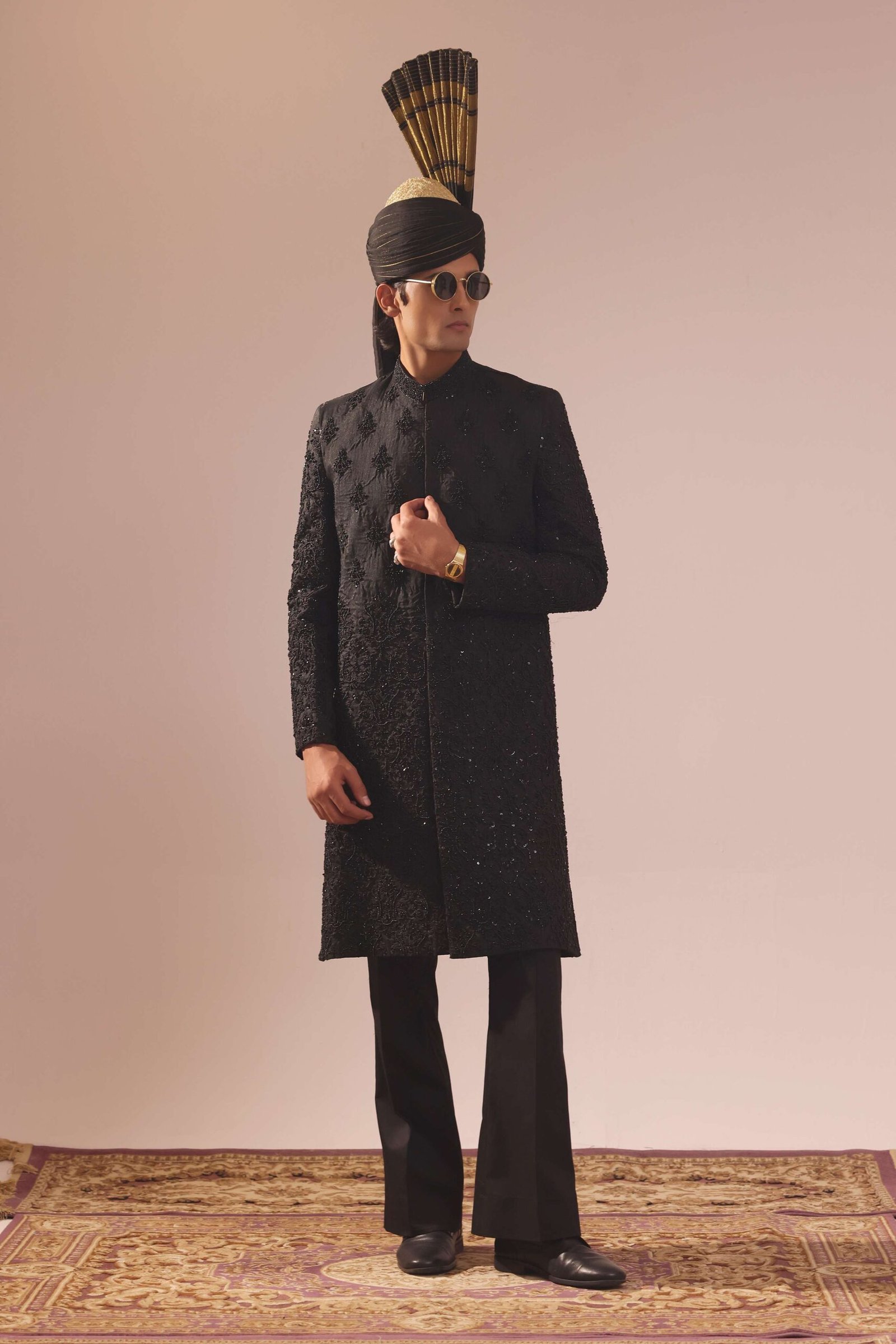Black Sherwani With Motif Bunch Work On The Chest & Heavy Embroidery - Image 5