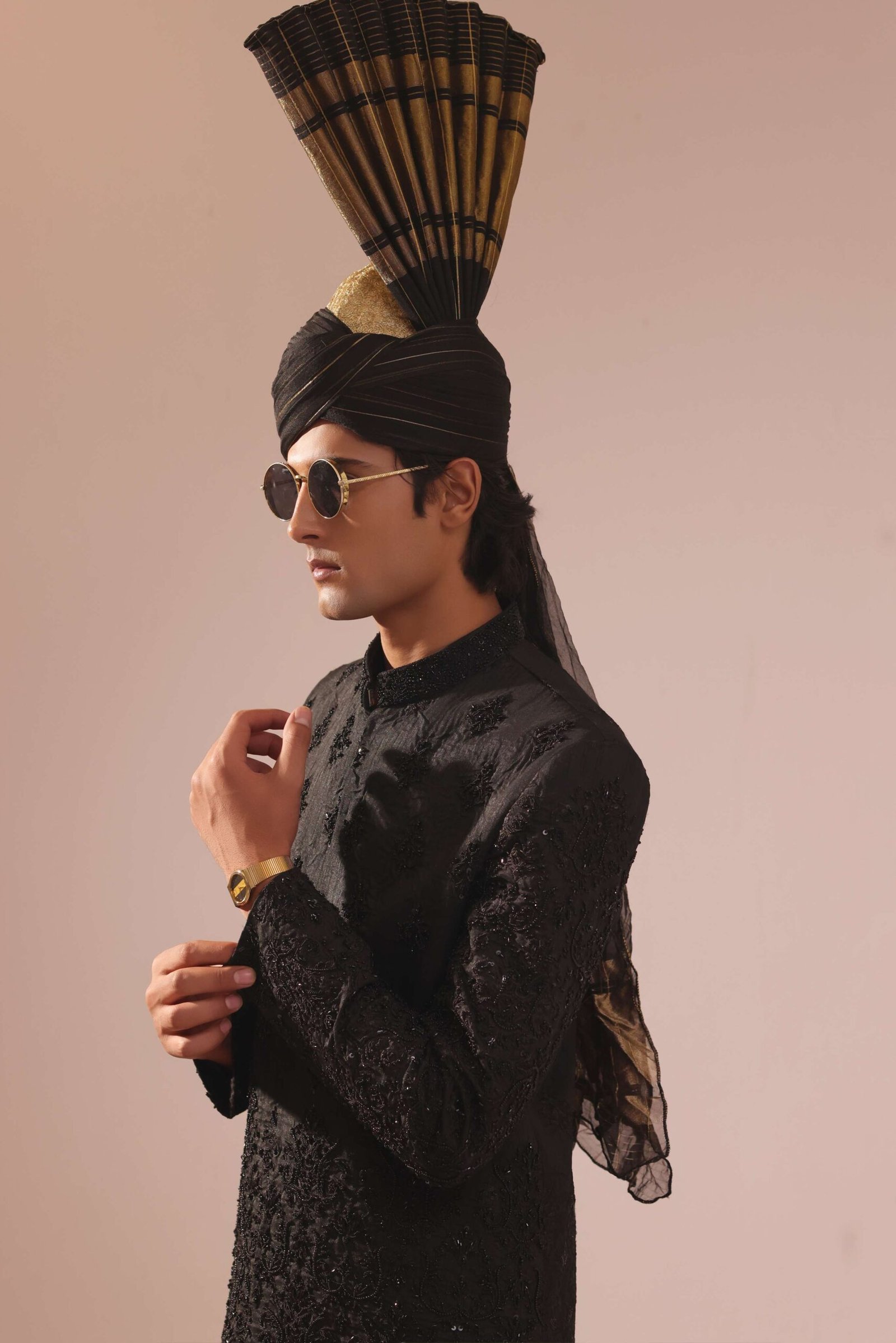 Black Sherwani With Motif Bunch Work On The Chest & Heavy Embroidery