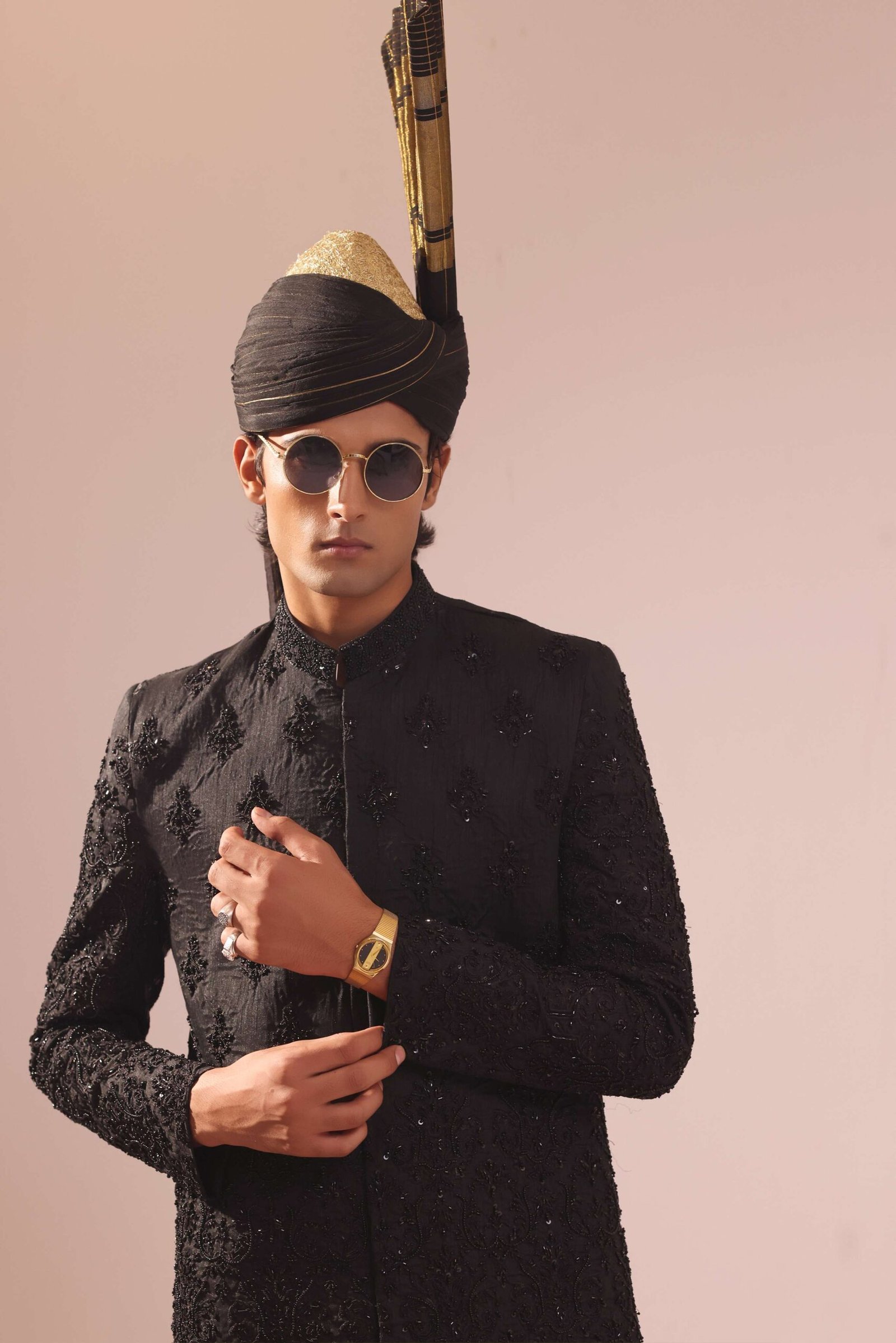 Black Sherwani With Motif Bunch Work On The Chest & Heavy Embroidery - Image 4