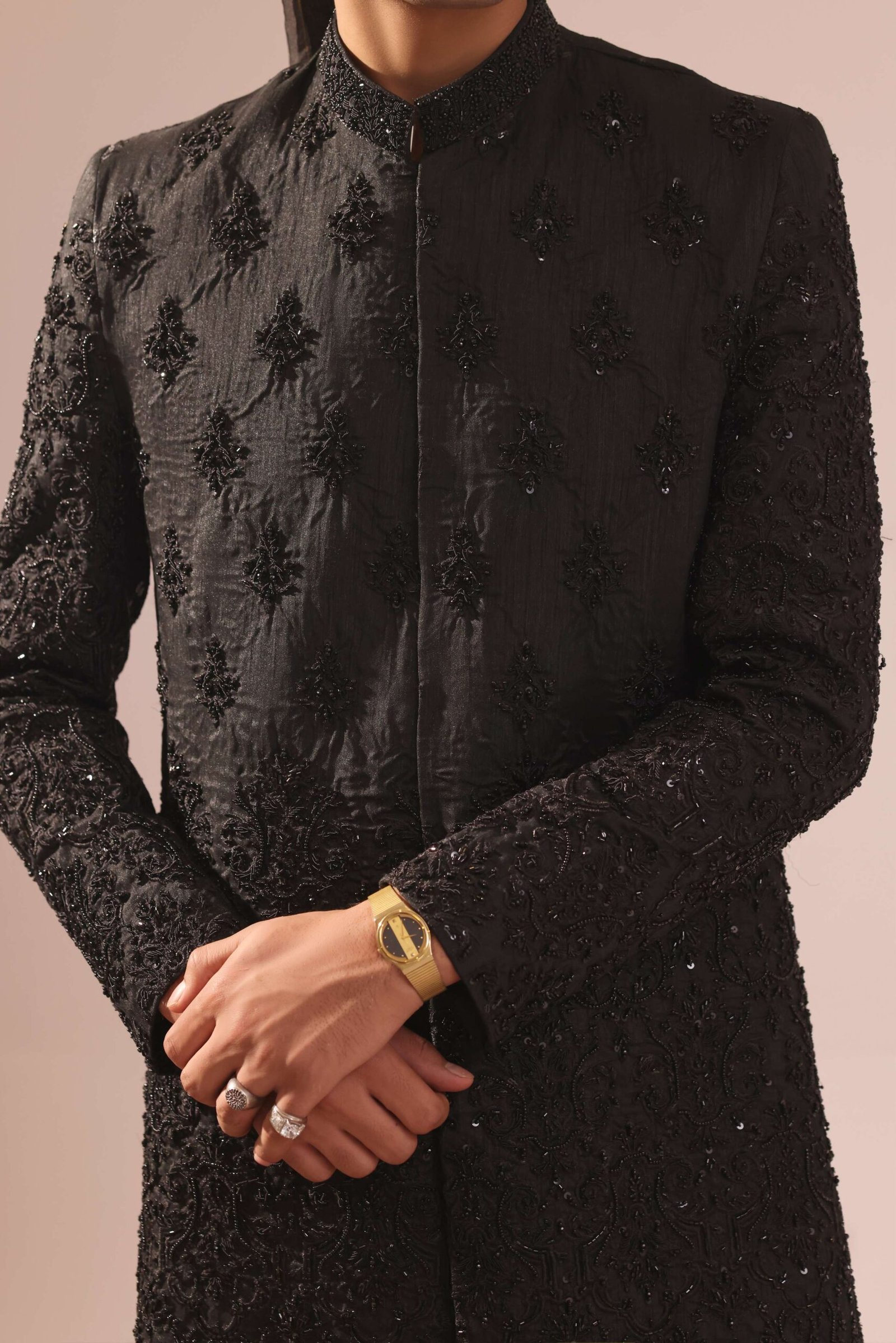 Black Sherwani With Motif Bunch Work On The Chest & Heavy Embroidery - Image 3
