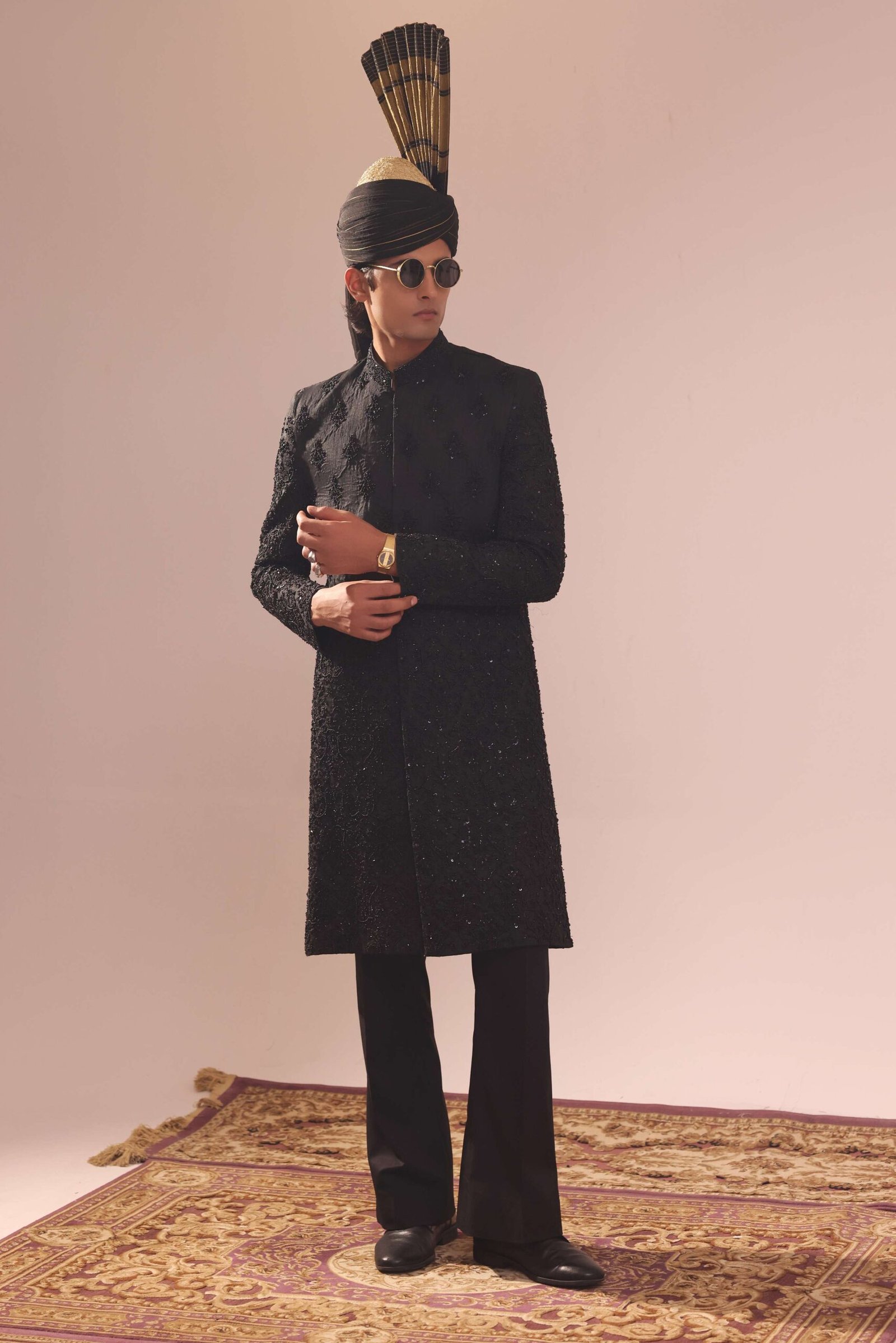 Black Sherwani With Motif Bunch Work On The Chest & Heavy Embroidery - Image 2