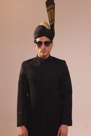 Midnight Black Nawabi Sherwani With Hand Embroidery