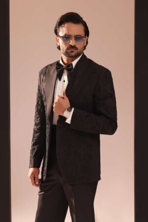 Jet Black Tuxedo Suit Featuring All-Over Floral Hand Embroidery Moti Work