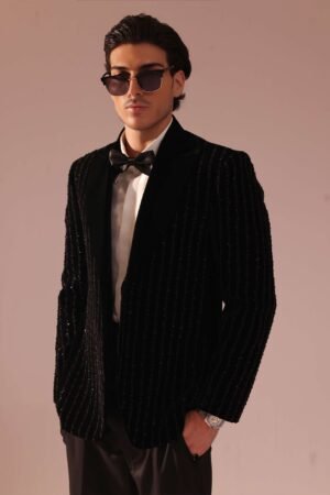 Noir Black Velvet Tuxedo Starlight Suit
