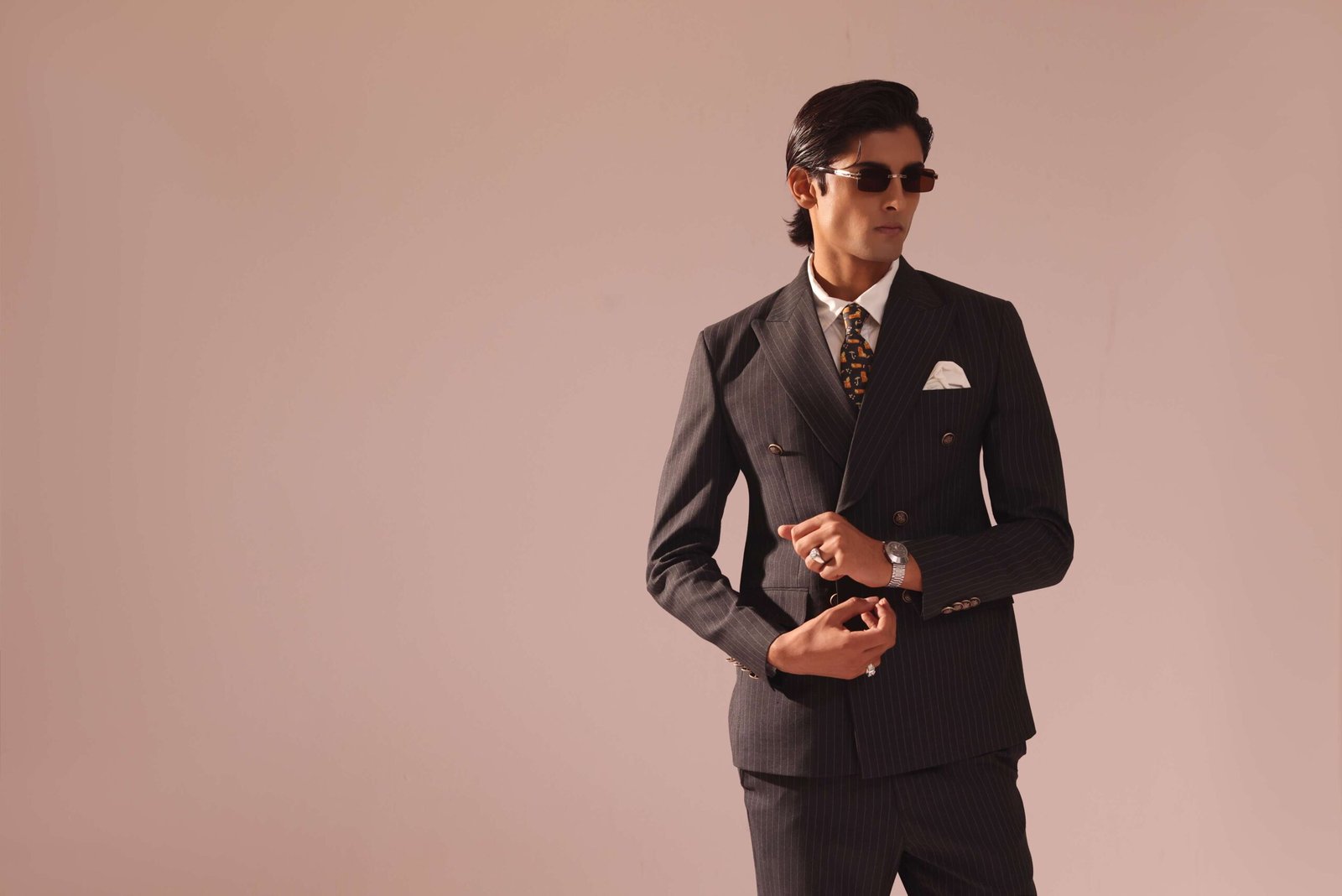Charcoal Pin Stripes Double Breasted Suit With Peak Lapel - Image 2