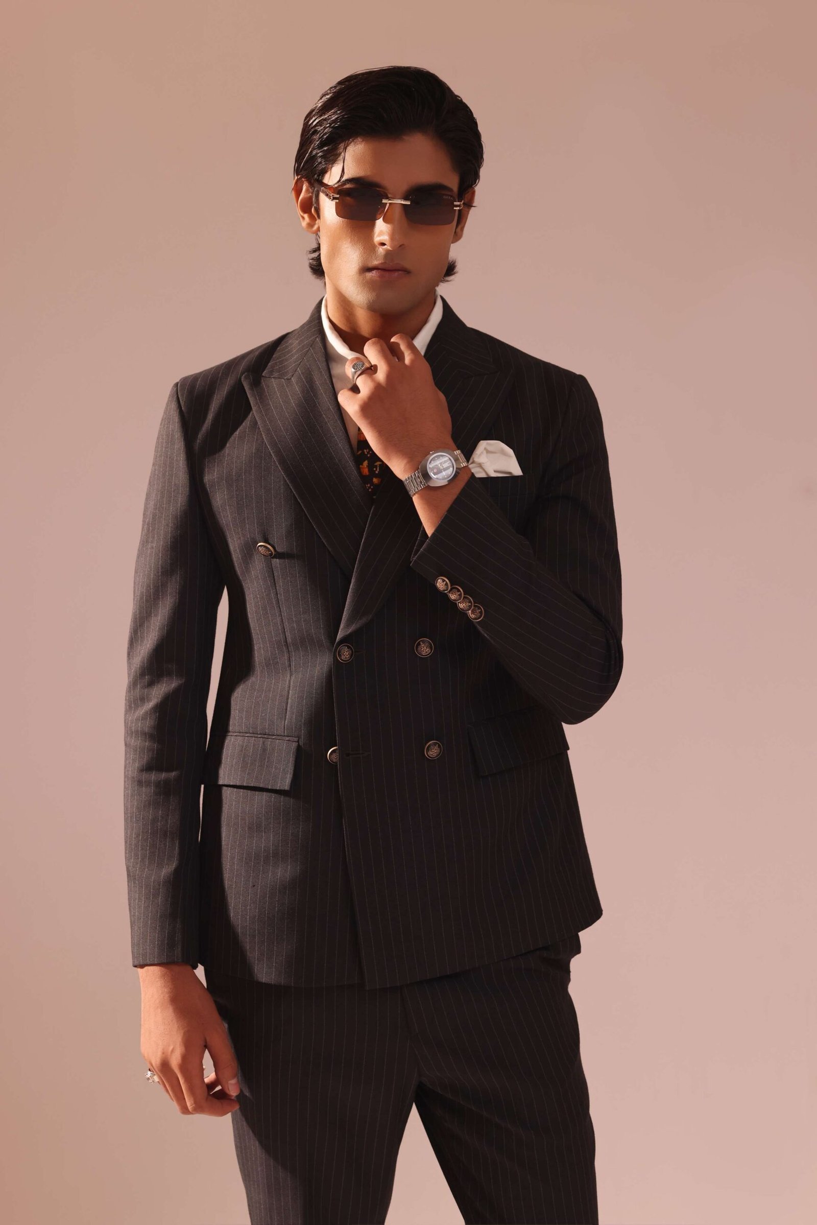 Charcoal Pin Stripes Double Breasted Suit With Peak Lapel