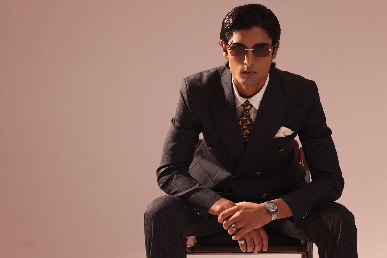 Charcoal Pin Stripes Double Breasted Suit With Peak Lapel - Image 6